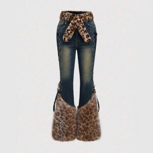 Leopard Print Fur Trim Jeans ~ New